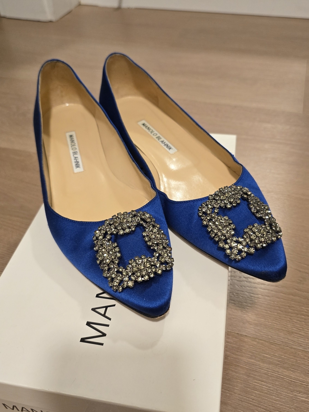 Manolo Blahnik Royal Blue Satin Pointed Toe Flats with Crystal Buckle